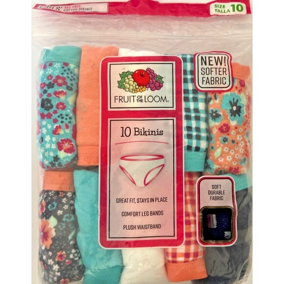 Girls Fruit of the Loom Cotton Bikinis, 10 Pack, Size 10 - Picture 3 of 4